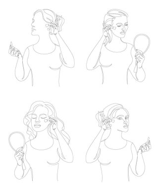 Tahsilat. Bir hanımefendinin silüeti. Makyaj yapan bir kadın, modern tarzda tek bir hatla allık çizer. Dekor çizimleri, posterler, çıkartmalar, logolar. Vektör illüstrasyonu.