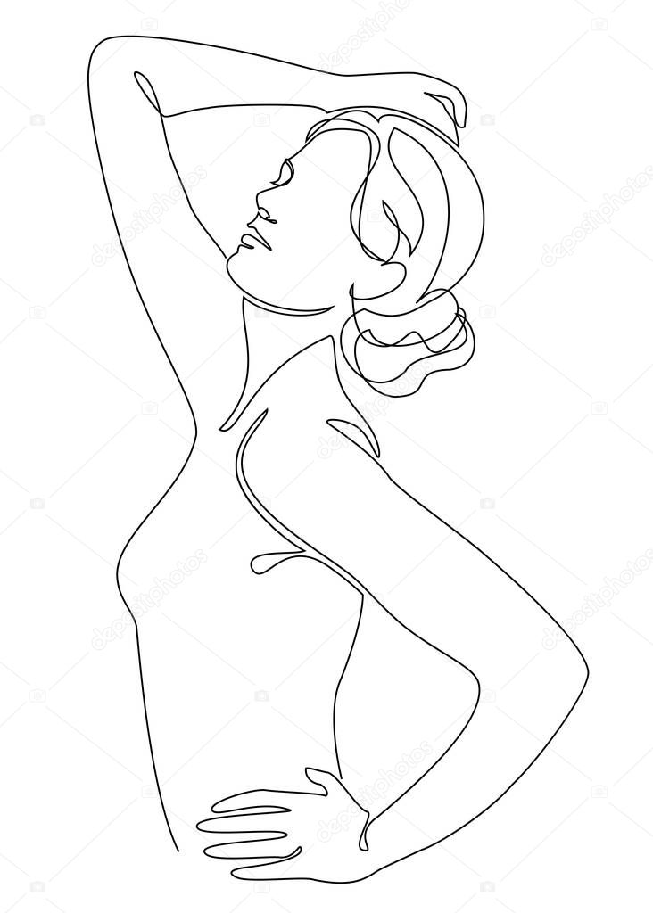 Silhouettes of a girl in a modern one line style. Continuous lady line drawing, aesthetic outline for home decor, posters, wall art, stickers, logo. Vector illustration.