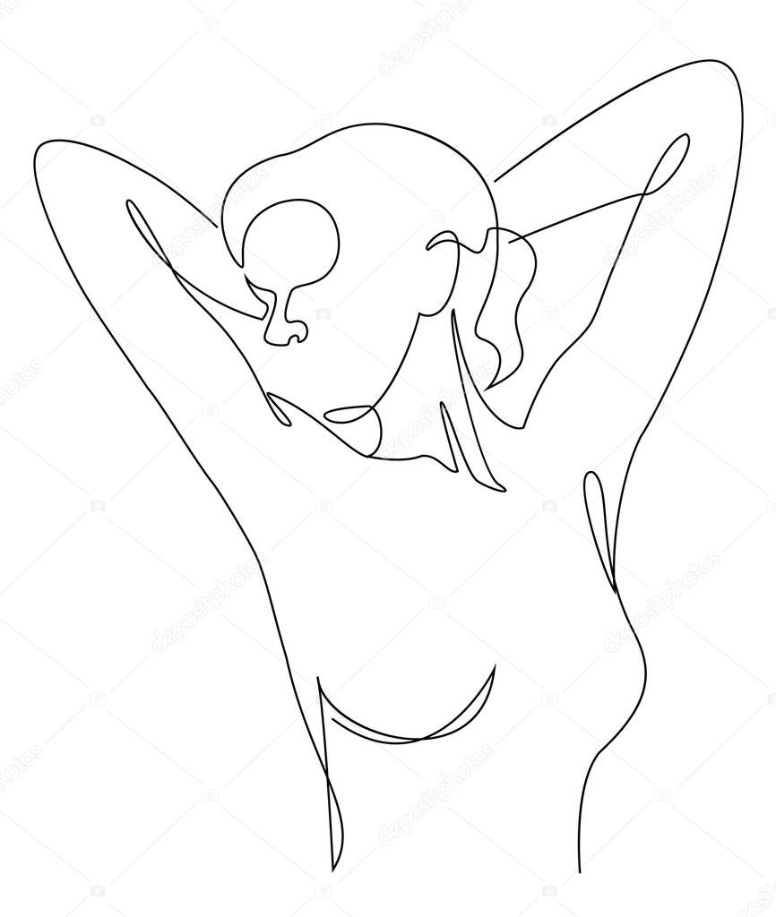 Silhouettes of a girl in a modern one line style. Continuous lady line drawing, aesthetic outline for home decor, posters, wall art, stickers, logo. Vector illustration.