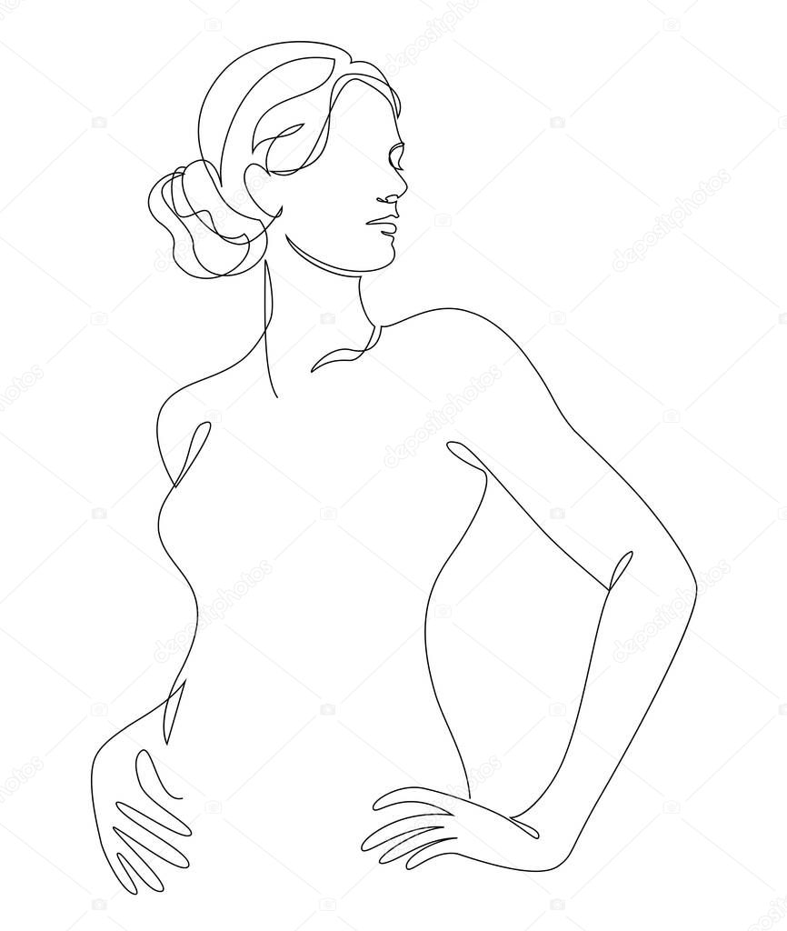 Silhouettes of a girl in a modern one line style. Continuous lady line drawing, aesthetic outline for home decor, posters, wall art, stickers, logo. Vector illustration.