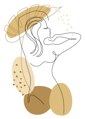 Modern tek satırlı bir kızın siluetleri. Devamlı kadın çizimi, ev dekorasyonu için estetik taslak posterler, duvar resimleri, çıkartmalar, logolar. Vektör illüstrasyonu.