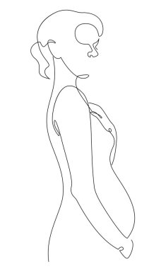 Modern tek satırlık bir kız figürü silueti. Kadın hamileymiş. Düz çizgi, dekor için estetik taslak posterler, çıkartmalar, logolar. Vektör illüstrasyonu.