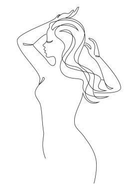 Modern tek satırlı bir kızın siluetleri. Devamlı kadın çizimi, ev dekorasyonu için estetik taslak posterler, duvar resimleri, çıkartmalar, logolar. Vektör illüstrasyonu.