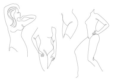 Kadın koleksiyonu. Modern tek satırlı bir kızın siluetleri. Devamlı çizgi çizimi, ev dekorasyonu için estetik taslak posterler, duvar resimleri, çıkartmalar, logolar. Vektör illüstrasyonu.