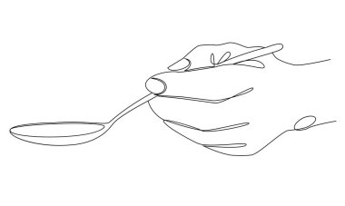 Modern bir şekilde kaşığı tutan bir adamın silueti. Devamlı çizgi çizimi, ev dekorasyonu için estetik taslak posterler, duvar resimleri, çıkartmalar, logolar. Vektör illüstrasyonu.