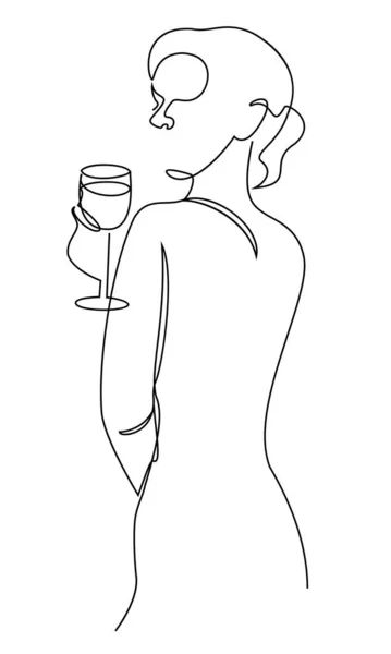 Silhouette of a lady. Girl with a glass of wine in a modern one line style and plant leaves. Continuous line drawing, outline for decor, posters, wall art, stickers, logo. Vector illustration.