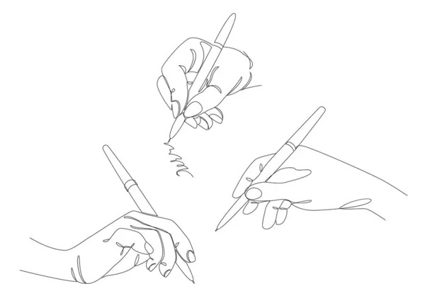 Tahsilat. Bir adamın eli kalemle modern tek satır şeklinde yazar. Adam yazıyor. Düz çizgi, dekor çizimleri, posterler, duvar resimleri, çıkartmalar, logolar. Vektör illüstrasyonu.