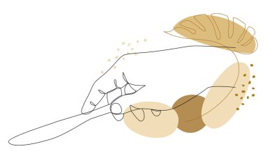 Bıçak ve bitki tutan bir adamın silueti modern bir şekilde tek sıra halinde ayrılıyor. Devamlı çizgi çizimi, ev dekorasyonu için estetik taslak posterler, duvar resimleri, çıkartmalar, logolar. Vektör illüstrasyonu