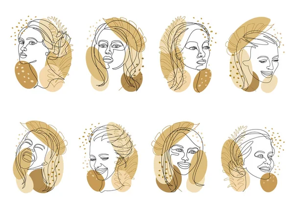 Kolekcja Sylwetki Głowy Dziewczyny Twarz Kobiety Liść Rośliny Nowoczesnym Stylu — Zdjęcie stockowe
