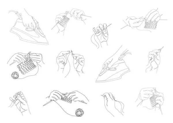 用针头 针织针头 现代风格的熨斗在一条线上勾勒出人类双手的轮廓 一套矢量图解 — 图库照片
