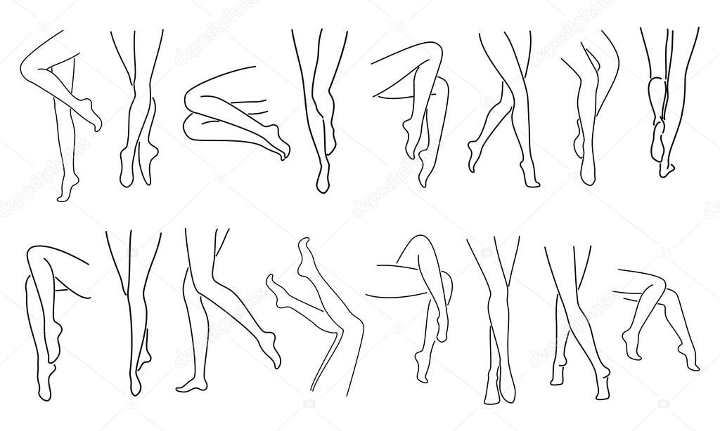 Collection. Silhouettes of human legs and leaves in a modern one line style. Plants solid drawing, decor outline, wall poster, stickers, logo. Vector illustration set.