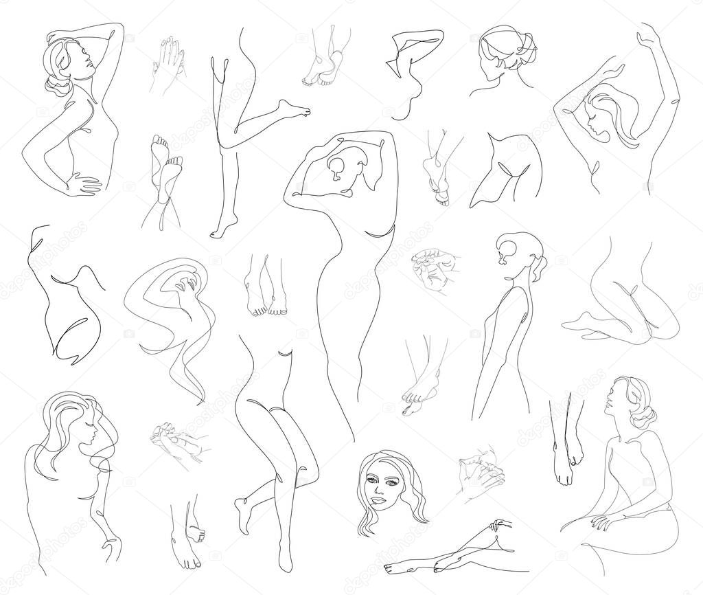 Collection. Silhouettes of the figure of a girl a in a modern one-line style. Solid line, aesthetic outline for home decor, posters, stickers, logo. Vector illustration set.