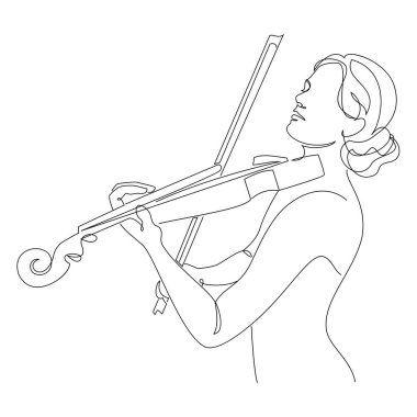 Güzel bir kadının silueti, kemanı modern ve sürekli bir çizgi tarzında. Kemancı kız, ince. Devamlı çizimler, dekoratif estetik çizimler, posterler, çıkartmalar, logolar. Vektör illüstrasyonu