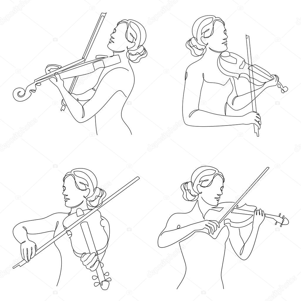 Collection. Silhouette of a woman with a violin in a modern continuous line style. Violinist girl. Continuous line drawing, decor aesthetic outline, posters, stickers, logo. Vector illustration set.