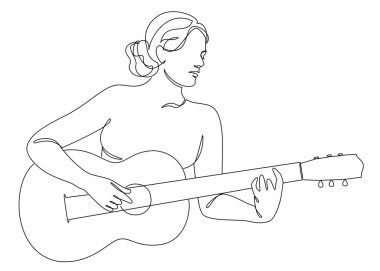 Güzel bir kadının silueti ve gitarı modern ve sürekli bir çizgi tarzında. Kız gitarist, ince. Devamlı çizimler, dekoratif estetik çizimler, posterler, çıkartmalar, logolar. Vektör illüstrasyonu