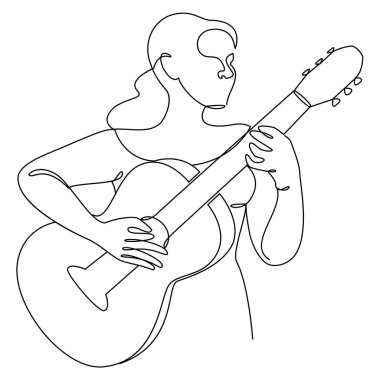 Güzel bir kadının silueti ve gitarı modern ve sürekli bir çizgi tarzında. Kız gitarist, ince. Devamlı çizimler, dekoratif estetik çizimler, posterler, çıkartmalar, logolar. Vektör illüstrasyonu