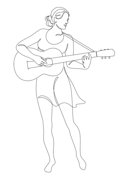 Sylwetka Pięknej Kobiety Gitarą Nowoczesnym Ciągłym Stylu Linii Gitarzystka Szczupła — Zdjęcie stockowe