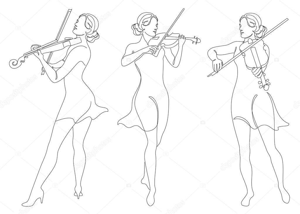 Collegium. Silhouette of a beautiful woman with a violin in a modern continuous line style. Violinist girl, slender. Aesthetic decor outline, posters, stickers, logo. Vector illustration set.