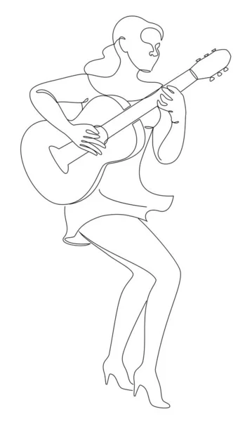 Sylwetka Pięknej Kobiety Gitarą Nowoczesnym Ciągłym Stylu Linii Gitarzystka Szczupła — Zdjęcie stockowe
