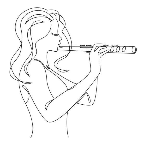 Силует Красивої Жінки Флейтою Сучасному Стилі Безперервної Лінії Дівчина Флейта — стокове фото