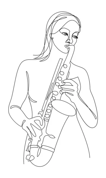 Silhueta Mulher Bonita Tocando Saxofone Linha Contínua Estilo Moderno Rapariga — Fotografia de Stock
