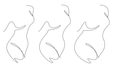 Tahsilat. Güzel bir kadının silueti. Modern, tek satır aralıksız çizgi tarzında. Kız zayıf, narin ve kadın da şişman. Bayan ayakta duruyor. Vektör çizimleri kümesi.