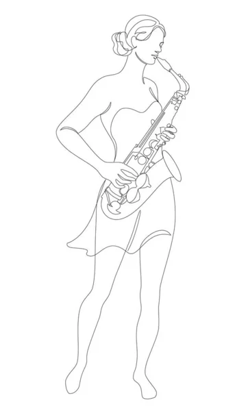 Silhueta Mulher Bonita Tocando Saxofone Linha Contínua Estilo Moderno Rapariga — Fotografia de Stock