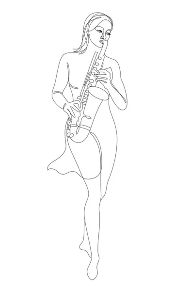 Sylwetka Pięknej Kobiety Grającej Saksofonie Ciągłym Stylu Line Modern Saksofonistka — Zdjęcie stockowe