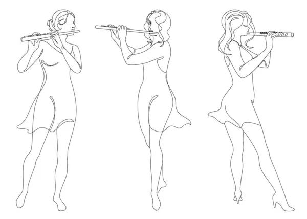Collection. Silhouette of a beautiful woman with a flute in a modern continuous line style. Flutist, slender. Continuous line drawing, decor outline, posters, stickers, logo. Vector illustration, set.