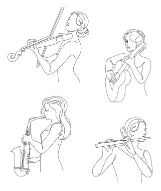 Tahsilat. Gitarlı, kemanlı, saksafoncu flütlü bir kadın silueti. Güzel kız. Estetik dekor çizimleri, posterler, çıkartmalar, logolar. Vektör çizimleri kümesi.