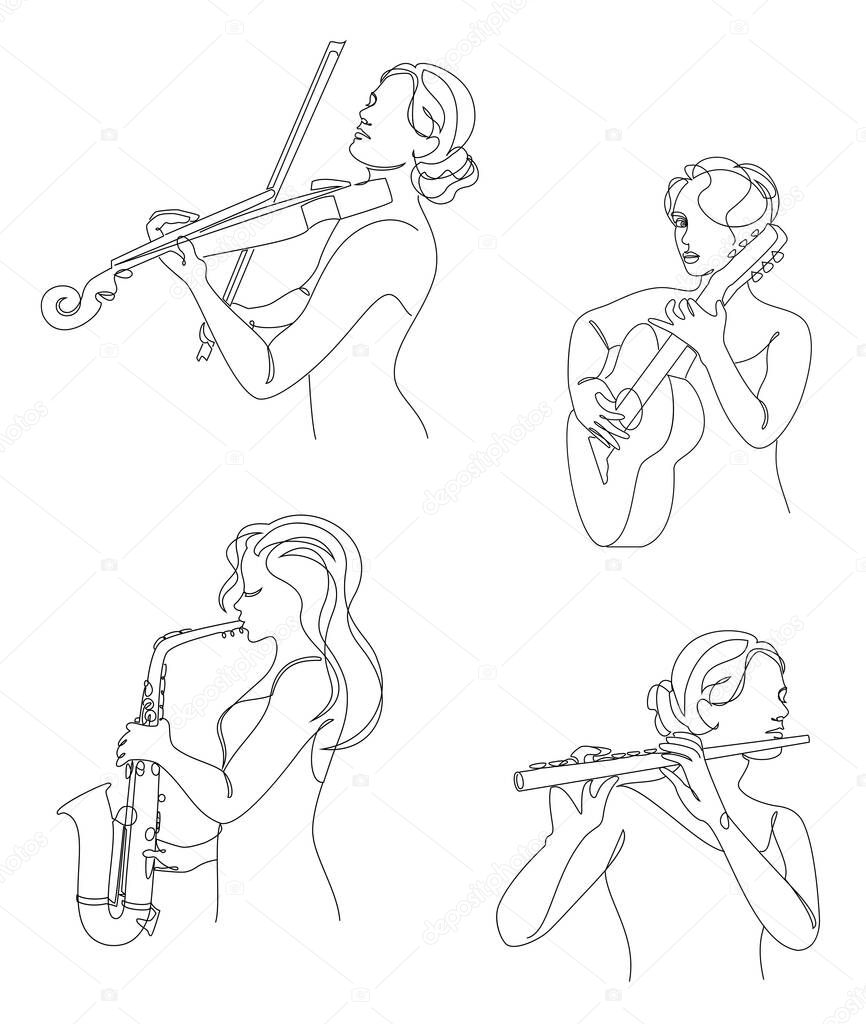 Collection. Silhouette of woman with guitar, violin, saxophone flute in modern continuous line style. Beautiful girl. Aesthetic decor sketches, posters, stickers, logo. Set of vector illustrations.