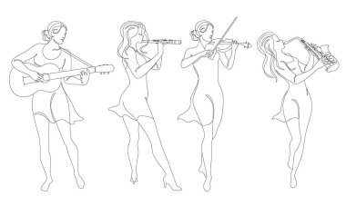 Tahsilat. Gitarlı, kemanlı, saksafoncu flütlü bir kadın silueti. Güzel kız. Estetik dekor çizimleri, posterler, çıkartmalar, logolar. Vektör çizimleri kümesi.