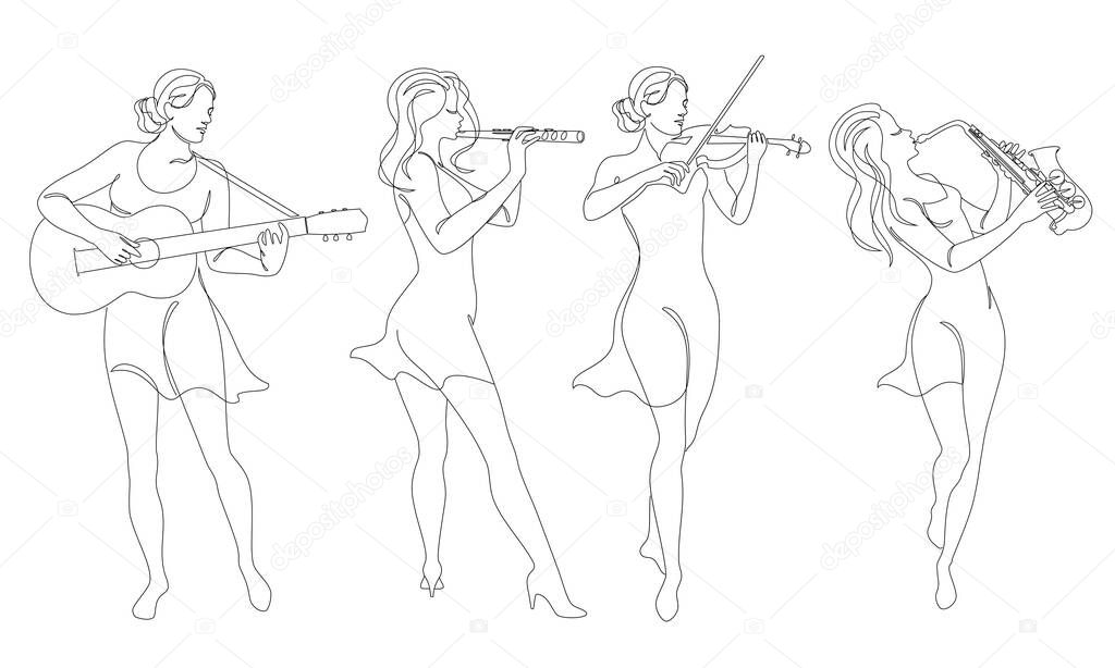 Collection. Silhouette of woman with guitar, violin, saxophone flute in modern continuous line style. Beautiful girl. Aesthetic decor sketches, posters, stickers, logo. Set of vector illustrations.