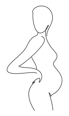 Modern bir siluet tarzında bayan silueti. Kız hamileymiş. Anne kadın. Düz çizgi, taslak estetik dekor, posterler, çıkartmalar, logo. Vektör çizimleri kümesi.