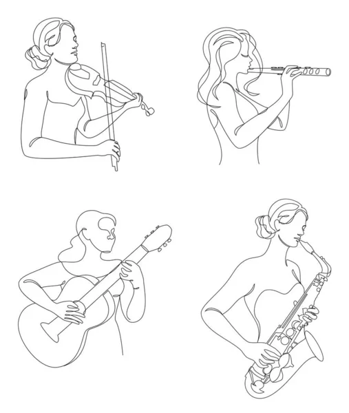 Kolekcja Sylwetka Kobiety Gitarą Skrzypcami Fletem Saksofonowym Nowoczesnym Ciągłym Stylu — Zdjęcie stockowe