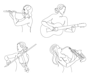 Tahsilat. Gitarlı, kemanlı, saksafoncu flütlü bir kadın silueti. Güzel kız. Estetik dekor çizimleri, posterler, çıkartmalar, logolar. Vektör çizimleri kümesi.