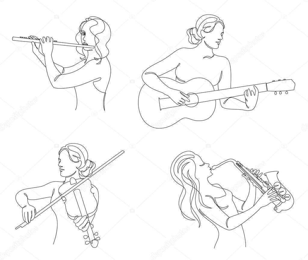 Collection. Silhouette of woman with guitar, violin, saxophone flute in modern continuous line style. Beautiful girl. Aesthetic decor sketches, posters, stickers, logo. Set of vector illustrations.