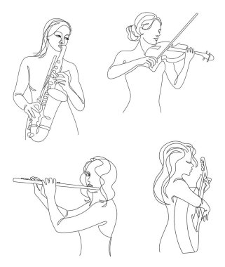 Tahsilat. Gitarlı, kemanlı, saksafoncu flütlü bir kadın silueti. Güzel kız. Estetik dekor çizimleri, posterler, çıkartmalar, logolar. Vektör çizimleri kümesi.