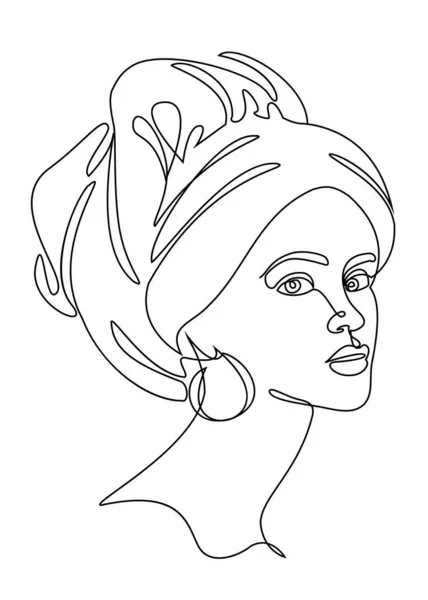Silhouettes of the girl\'s head. Lady in a turban, scarf. Woman face in modern one line style. Solid line, contour for decor, posters, stickers, logo. Vector illustration.