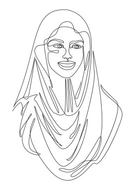 Kız baş siluetleri. Türbanlı kadın, eşarp, Arap Müslüman başlık, türban. Modern tek çizgi tarzında bir kadın yüzü. Düz çizgi, etiket ana hatları, logo. vektör illüstrasyonu.