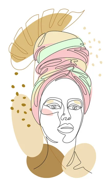 Silhouettes of the girl's head. Lady in a turban, scarf and plant leaves. Woman face in modern one line style. Solid line, outline for decor, posters, stickers, logo. Vector illustration.