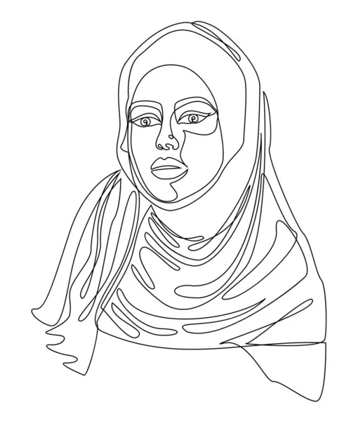 Girl head silhouettes. Lady in hijab, scarf, arabic muslim headdress, headscarf. Female face in modern one line style. Solid line, sticker outline, logo. vector illustration.