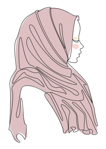 Girl head silhouettes. Lady in hijab, scarf, arabic muslim headdress, headscarf. Female face in modern one line style. Solid line, sticker outline, logo. vector illustration.