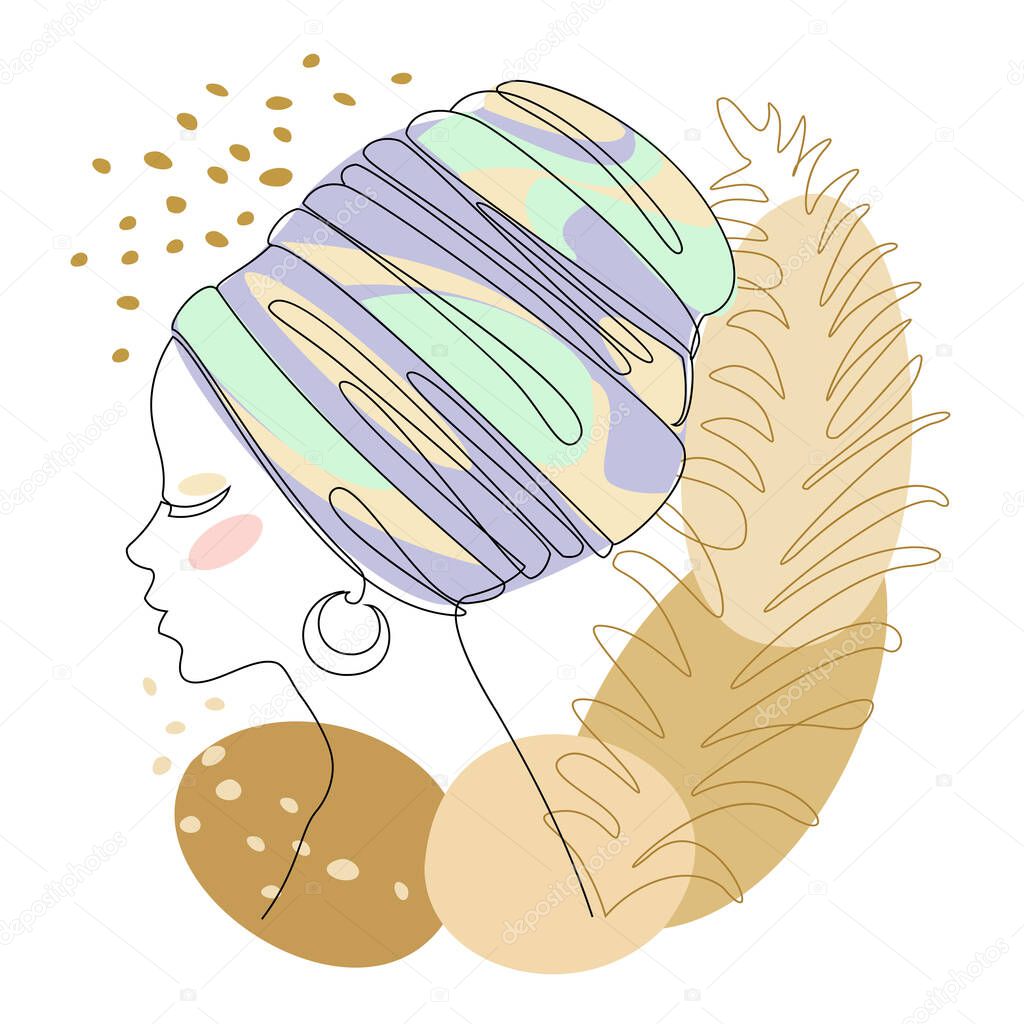 Silhouettes of the girl's head. Lady in a turban, scarf and plant leaves. Woman face in modern one line style. Solid line, outline for decor, posters, stickers, logo. Vector illustration.