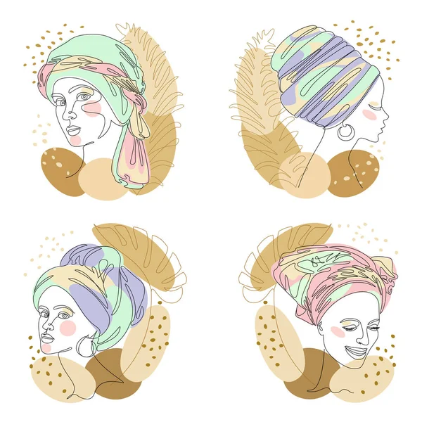 Collection. Girl head silhouettes. Lady in a turban, scarf and plant leaves. Female face in modern single line style. Solid line, decor outline, posters, stickers, logo. Vector illustration set.