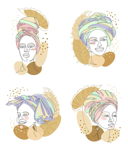 Collection. Girl head silhouettes. Lady in a turban, scarf and plant leaves. Female face in modern single line style. Solid line, decor outline, posters, stickers, logo. Vector illustration set.