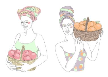 Collection. Silhouettes of a girl in a headscarf. The lady is holding a basket of apples in her hands. oranges. Woman in modern one line style. Solid line, outline, stickers, logo. Vector illustration set.