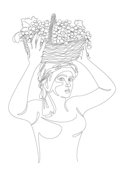 Silhouettes of a girl in a headscarf. The lady is holding a basket of grapes in her hands. Woman in modern one line style. Solid line, decor outline, posters, stickers, logo. vector illustration.