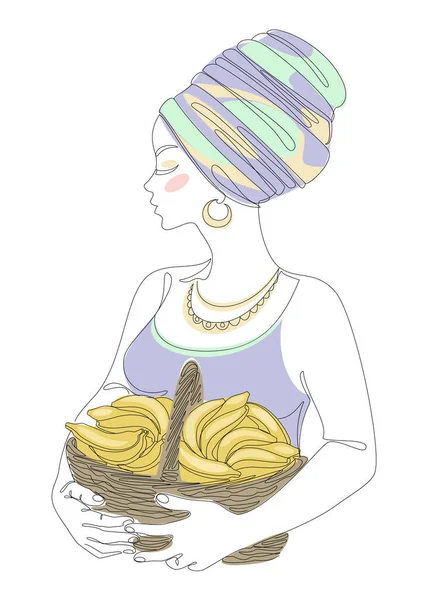 Silhouettes of a girl in a headscarf. The lady is holding a basket of bananas in her hands. Woman in modern one line style. Solid line, decor outline, posters, stickers, logo. Vector illustration.