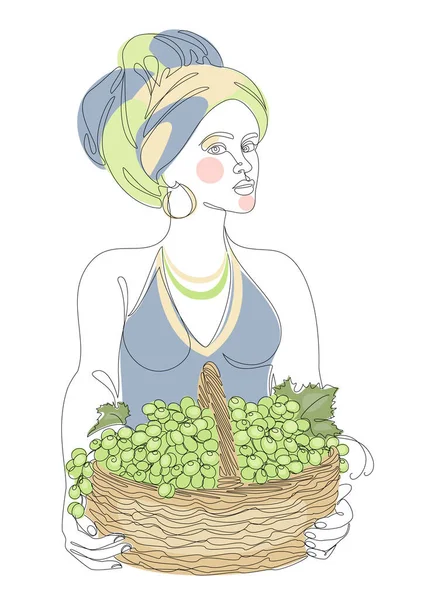 Silhouettes of a girl in a headscarf. The lady is holding a basket of grapes in her hands. Woman in modern one line style. Solid line, decor outline, posters, stickers, logo. vector illustration.